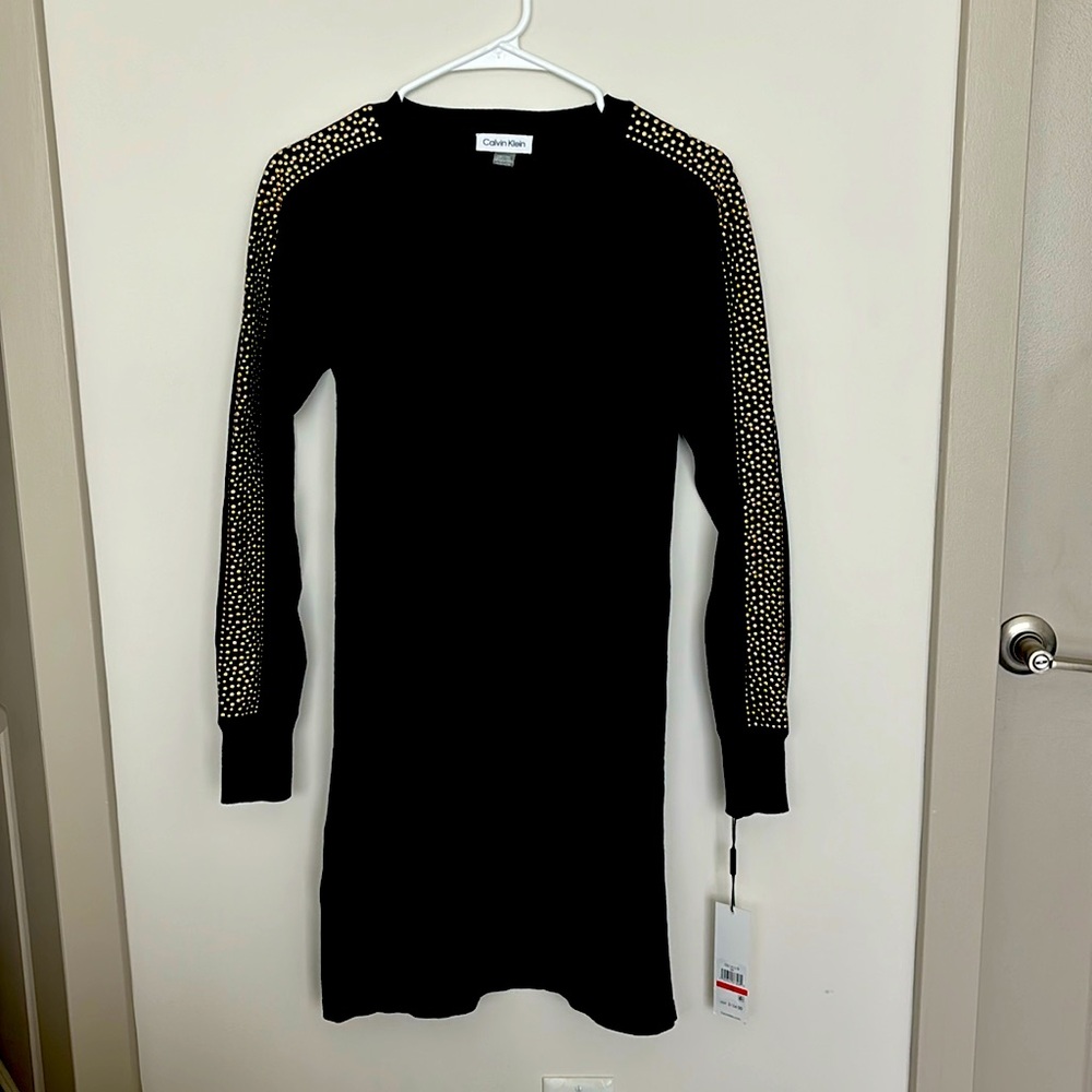 Calvin Klein Black Sweater Dress with Gold Embellishments